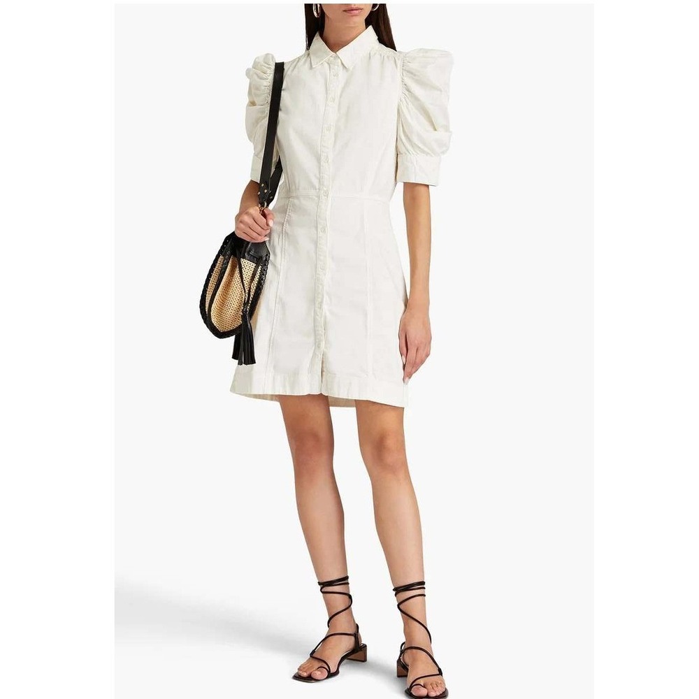 Frame‎ Women's Gillian Puff Sleeve Denim Button Up Mini Dress White Size Large